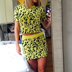 Neon yellow & black leopard skirt & top set